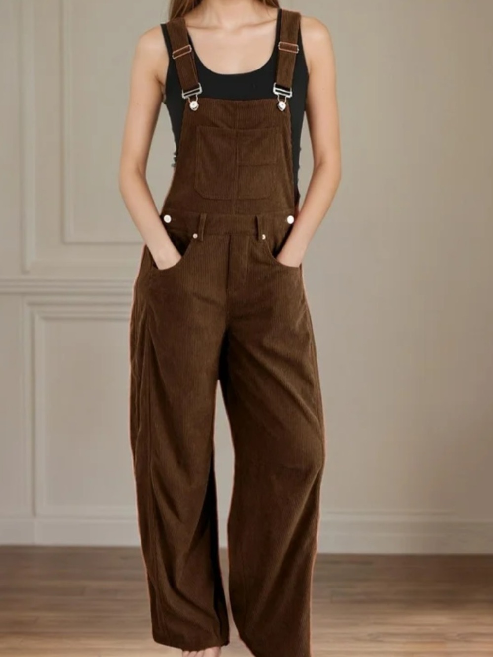 Wide-Leg Corduroy Overalls in Chocolate Brown